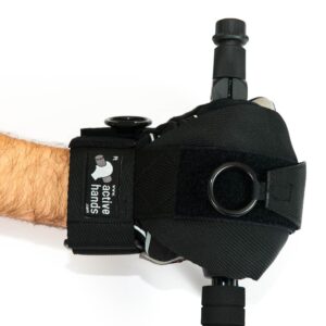 Winter sports gripping aid holding ski pole. Suitable for reduced hand function: tetra, quad, cerebral palsy, SCI, spinal cord injury, stroke and more.