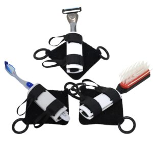 Small Item aid palm pads pre-loaded with razor, toothbrush, hair brush. Suitable for reduced hand function: tetra, quad, cerebral palsy, SCI, spinal cord injury, stroke and more.