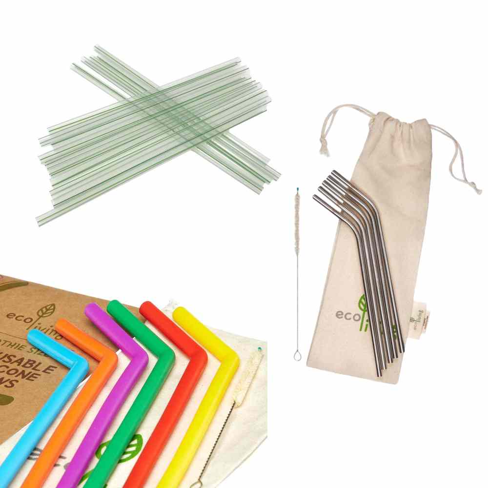 Pictures of compostable, stainless steel and silicone straws