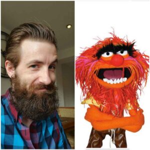 A hairy Gareth next to Animal from the muppets