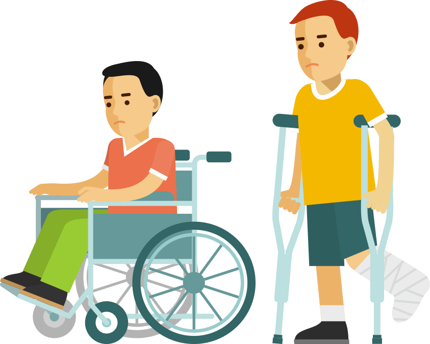 boy in wheelchair and boy on crutches, both look fed up