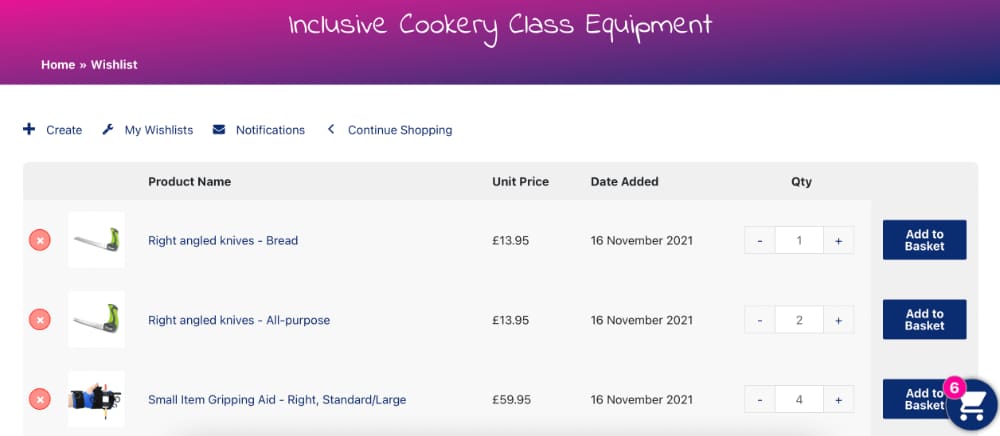 example of the wishlist feature on the Active Hands website